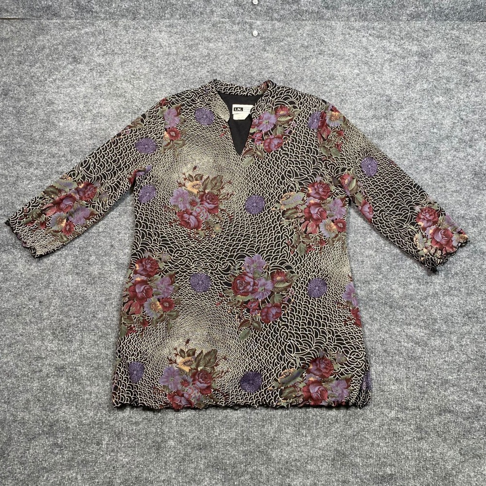 I.N. Studio Vintage Floral Wave Print Tunic Top Black Purple Large Made in USA